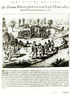 Ralph Hamor odwiedza Powhatan, 1619 (rycina) (bw zdjęcie) autorstwa Theodore de Bry