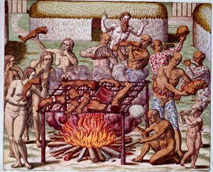 Scena kanibalizmu w Brazylii Indianie pożerali swoich wrogów i więźniów. Grawer z „Admirante Narratio Americae” Theodore de Bry (1528-1598)