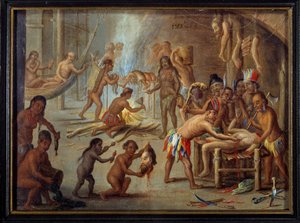 Scena kanibalizmu w Brazylii w 1644 r. Indianie pożerali swoich wrogów i więźniów. Obraz Jana van Kessela dit le vieux (1626-1679) (ec.flam.) z ilustracji podróży Teodora de Bry do Brazylii. Słońce. 0,18x0,24 m La Rochelle, muzeum d