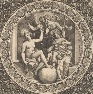 Scena z Misericordią i Veritas w kręgu w centrum, 1580-1600. autorstwa Theodore de Bry