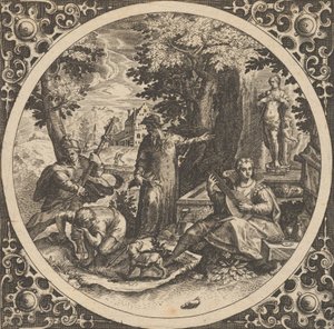 Scena z ostrzeżeniem przed chorobami wenerycznymi w kręgu w Centrum, 1580-1600. autorstwa Theodore de Bry
