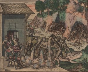 Niewolnicy przelewają rudę na oczach europejskich żołnierzy. W tle niewolnicy pracują w kopalniach, 1595. autorstwa Theodore de Bry