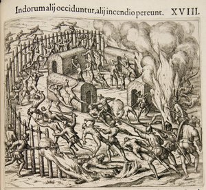 Niektórzy Indianie giną, niektórzy giną w pożarze. Od: Americae pars qvarta autorstwa Theodore de Bry