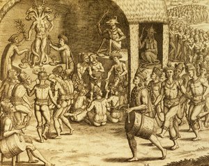 Południowoamerykański rdzenny obrządek religijny, rycina z Historia americae, autorstwa Theodora de Bry (1528-1598), Frankfurt autorstwa Theodore de Bry