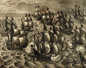 Hiszpański dowództwo Armady Rodrigo Mendozy , grawerowanie przez Theodore de Bry (1528-1598) zaczerpnięte z Historii Ameryki przez Theodore de Bry, Hiszpania, 1602 autorstwa Theodore de Bry
