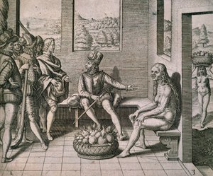 Hiszpańscy zdobywcy spotykają tubylcze kobiety w Ameryce — Theodore de Bry autorstwa Theodore de Bry