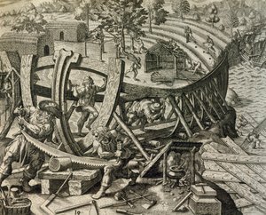 Hiszpańscy marynarze budujący karawelę, rycina z Historia Americae autorstwa Theodora de Bry (1528-1598) autorstwa Theodore de Bry