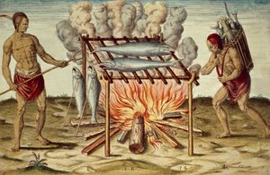 Tubylcy Taino gotujący ryby, kolorowa rycina Theodora de Bry (1528-1598) z obrazu Johna White