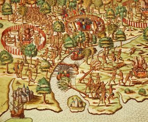 Techniki oblężenia i ataku, rycina Theodor de Bry (1528-1598), z Americae tertia pars autorstwa Theodore de Bry