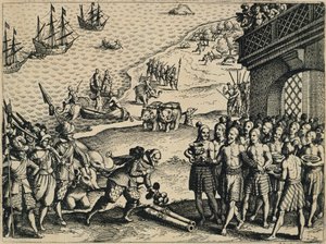 Holendrzy zeszli na ląd w Kalkucie autorstwa Theodore de Bry