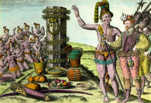 Florydzi przybyli na erygeę kolumnową francuskiego żeglarza Jeana Ribaulta (1520-1565) z pierwszej wyprawy na Florydę Grawerowanie z „Historii Ameryki” Theodore