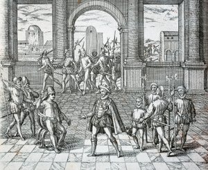 Król Inków Atahualpa wzięty do niewoli przez Hiszpanów w Cajamarca, Illuistration from American History by Theodore de Bry autorstwa Theodore de Bry