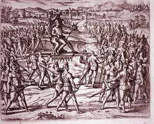 Król Inków, Atahualpa (lub Atabaliba), trzymający berło w kształcie słońca, jest niesiony na lektyce na spotkanie z Francisco Pizarro (Grawerowanie autorstwa Theodore de Bry