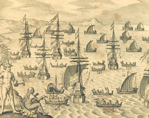 Wyspa złodziei, grawerowanie z historii Ameryki przez Theodore de Bry, Ameryka Północna 17 wieku. autorstwa Theodore de Bry
