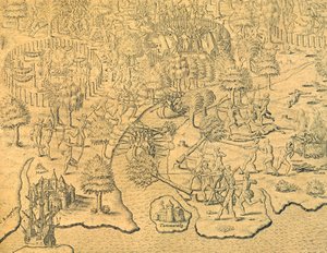 Portugalczycy pchają się w głąb lądu i zostają zaatakowani przez miejscowe plemię autorstwa Theodore de Bry
