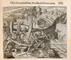 Hiszpanie budują swój pierwszy statek w Nowym Świecie, grawerowany przez Theodora de Bry (1528-1598) z Ameryki autorstwa Theodore de Bry