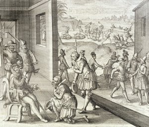 Hiszpanie zdobywają Fort Caroline, 1565, z "Newe Welt und Americanische Historien" Johanna Ludwiga Gottfrieda, wydanej przez Mattaeusa Meriana, Frankfurt, 1631. autorstwa Theodore de Bry