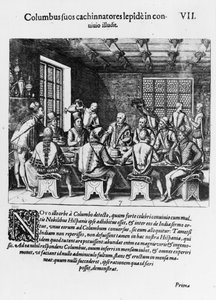 Historia jajka Krzysztofa Kolumba (1450-1506) 1585-88 (rycina) (fot. bw) autorstwa Theodore de Bry