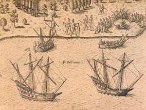 Przybycie francuskich statków na Florydę autorstwa Theodore de Bry
