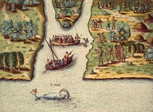 Флоридагийн яриа.poli сэтгүүлээс Теодор де Бри (1528-1598) сийлбэрлэсэн Францчуудын ирэлт. autorstwa Theodore de Bry