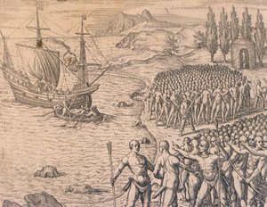 Przybycie Portugalczyków do Peru autorstwa Theodore de Bry