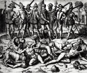 Psy Vasco Nuneza de Balboa (1475-1571) atakujące Indian