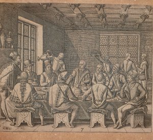 Jajo Kolumba, grawerowanie przez Theodora de Bry (1528-1598) z Americae pars quarta, sive, Insignis et admiranda historia de reperta primum Occidentali India Christopher Columbus, Girolamo Benzoni autorstwa Theodore de Bry