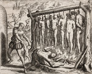 Trzynaście powieszonych i spalonych ofiar, przedstawienie zbrodni dokonanych na Indianach przez hiszpańskich osadników z Bartolome de las Casas (grafika) autorstwa Theodore de Bry