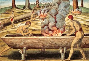 Mieszkańcy Wirginii budują pirogę autorstwa Theodore de Bry