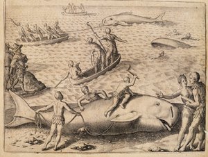 Wielorybnictwo w pobliżu Spitsbergenu, grawerowanie Theodora de Bry (1528-1598) z India Orientalis (Indie Wschodnie) autorstwa Theodore de Bry