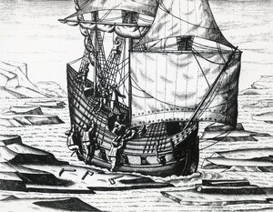 Statek Williama Barentsa (ok. 1550-1597) podczas trzeciej ekspedycji holenderskiej w poszukiwaniu Przejścia Północno-Wschodniego, autorstwa Theodora de Bry (1528-1598), rycina autorstwa Theodore de Bry