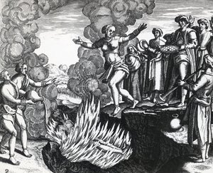 Kobieta rzucająca się na stos męża, Theodor de Bry (1528-1598), rycina autorstwa Theodore de Bry