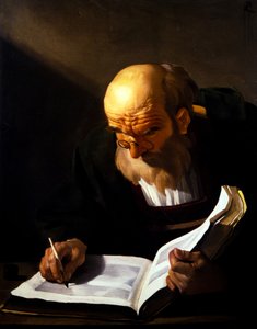 Stary człowiek piszący (na płótnie) autorstwa Theodore van called Dirk Baburen