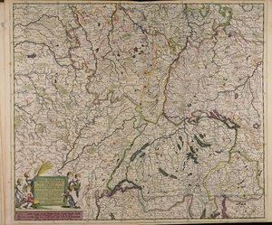 Accuratissima Rheni superioris Mosae et Mosellae tabula ac minores in eosdem in fluentes fluvii cum omnibus adherentibus regionibus sicut archiepiscopatus et electoratus Moguntini et Palatinatus Rheni Lotaringiae Helvetiae Alsatiae Sueviae et comitatus Bur autorstwa Theodorus Danckerts