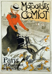 Plakat reklamowy motocykli Comiot. Młoda kobieta na motorowerze toczy się wśród grupy gęsi. Plakat Teofila Alexandre Steinlena (1859-1923). 1899. Paryż, sztuka dekoracyjna. autorstwa Théophile Alexandre Steinlen
