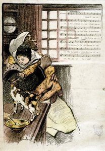 Dziecko w ramionach kobiety bawiącej się z kotem, chore. Steinlen do nut, s.d. 19e s. autorstwa Théophile Alexandre Steinlen
