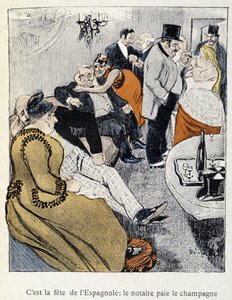 Filles et Marlous: To święto Hiszpanów: notariusz płaci szampana – w „Dans la vie” Steinlena 1901 (ten sam rysunek co nr 27695) autorstwa Théophile Alexandre Steinlen