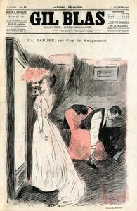 Ilustracja Steinlena z opowiadania Guy de Maupassant „” Parure””. Madame Loisel patrzy na siebie w lustrze, podczas gdy jej mąż zdejmuje buty. Odkrywa, że zgubiła naszyjnik (diamentowa rzeka) pożyczony jej przez jej przyjaciółkę Madame Fores