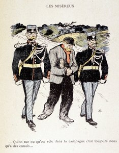 Les Miséreux: Bez względu na to, czy zabijamy, czy kradniemy na wsi, zawsze mamy kłopoty... (Włóczęga otoczony przez 2 żandarmów) - w „W życiu” Steinlen 1901 autorstwa Théophile Alexandre Steinlen