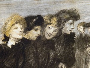 Wyjście midinetek (detal) (przed 1907). Teofil Alexandre Steinlen (1859-1923). Węgiel i pastel na papierze. Musee des Beaux-Arts de la Ville de Paris, PeuPalais. autorstwa Théophile Alexandre Steinlen