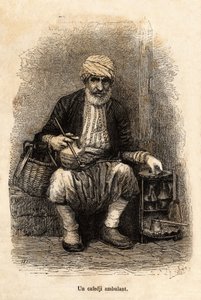 Sprzedawca kawiarni (cafedji) podróżujący po bazarze Trebizonde (dzisiejszy Trabzon, na wybrzeżu Morza Czarnego), grawer według rysunku narratora, ilustrujący podróż do Lazistanu i Armenii, z 1869 roku, autorstwa Theophile Deyrolle, opublikowany w „” Le to