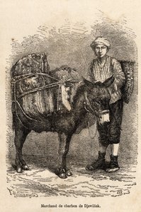 Kupiec węglowy ze swoim osłem w Djewilisk (północna Anatolia), wyryty według rysunku narratora, ilustrującego podróż po Lazistanie i Armenii, z 1869 roku, autorstwa Theophile Deyrolle, opublikowanego w „Le tour du monde” 1875, pod redakcją Edouarda Charton