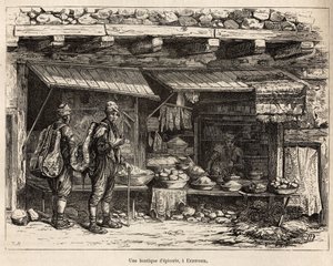 Sklep spożywczy w Erzeroum (Armenia), wygrawerowany według rysunku autora, ilustrującego podróż po Lazistanie i Armenii, autorstwa Theophile Deyrolles, w 1869, opublikowany w „Le tour du monde””” 1875, pod redakcją Edouarda Chartona, Wydanie Hachette, Pary