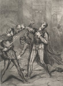 Złoczyńca, ty umrzesz: tablica 10 z aktu Otella 5, scena 1, trawiona 1844, przedruk 1900. autorstwa Théodore Chassériau