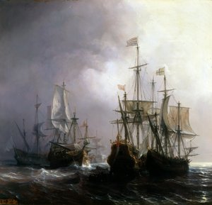Zdobycie trzech holenderskich statków handlowych przez francuskie statki Fidèle, Mutine i Jupiter w 1711 r. autorstwa Jean Antoine Theodore Gudin