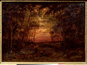 Zachód słońca w lesie Obraz Theodore Rousseau (1812-1867) XIX-wieczna szkoła Barbizon. Ciemny. 0,46x0,62m. Olej na płótnie. .