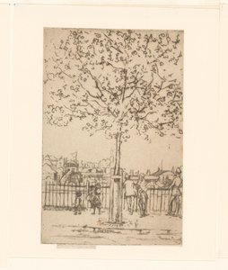 Sześć postaci przy ogrodzeniu wzdłuż rzeki, na pierwszym planie drzewo Chelsea Embankment, czerwiec, 17:00, 1889 autorstwa Théodore Roussel (signed by artist)