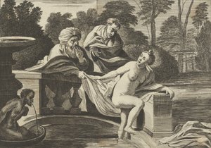 Zuzanna, częściowo naga i wychodząca z fontanny, z dwoma starszymi po lewej, jednym…, ok. godz. 1656-60.