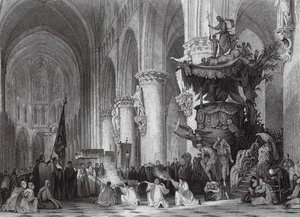 Katedra św. Gudule ze słynną rzeźbioną amboną w Brukseli (rycina) autorstwa Thomas (after) Allom