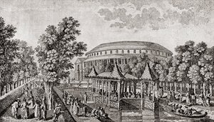 Ogrody Ranelagh, Chelsea, Londyn, Anglia. Zewnętrzna część Rotundy w Ranelagh Gardens, „Chiński Dom” i część terenu, według ryciny Thomasa Bowlesa autorstwa Thomas (after) Bowles